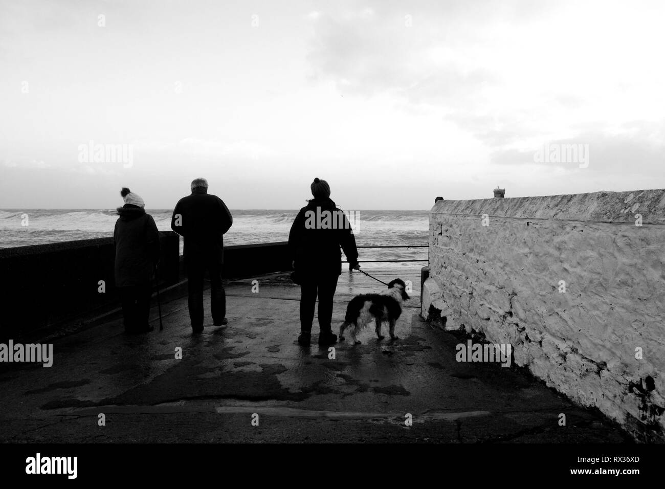 Un gruppo di persone e un cane a guardare il meteo e le onde a Freshwater Bay sull'Isola di Wight, Regno Unito. Foto Stock