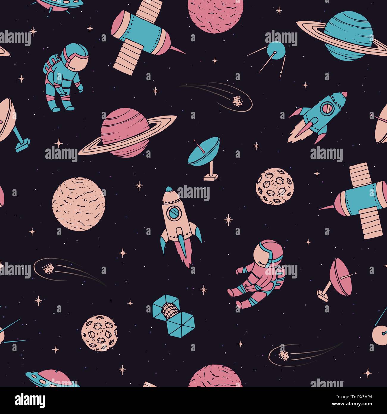 Vector seamless pattern con i cosmonauti, satelliti, razzi, pianeti, luna e stelle cadenti e UFO in stile sketchy. Elementi cosmici sul buio stellato Illustrazione Vettoriale