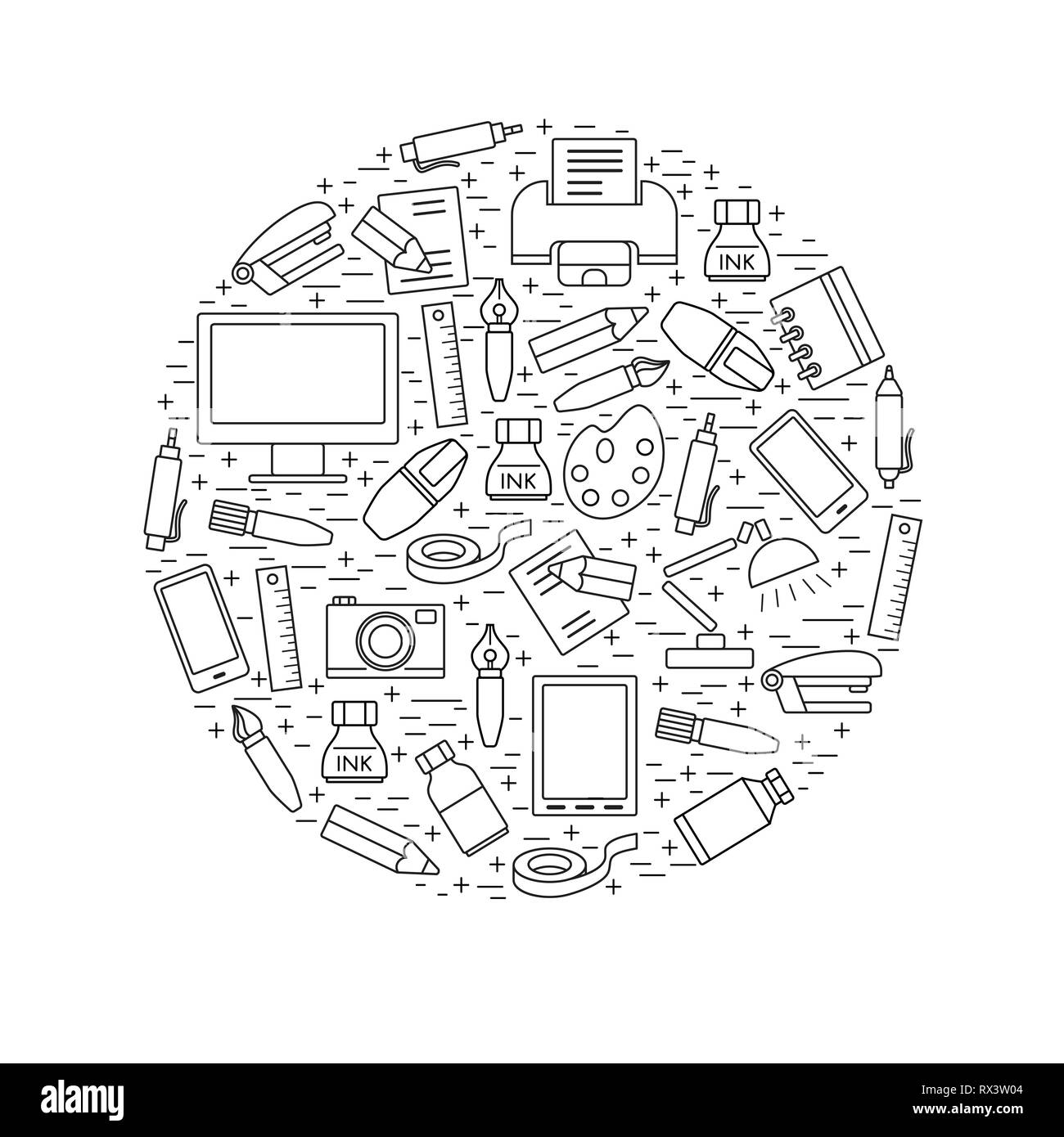 Scuola e istruzione elemento di design disposti in un cerchio su sfondo bianco. Articoli di cancelleria e varie forniture scolastiche elemento di design realizzati in moderno lin Illustrazione Vettoriale