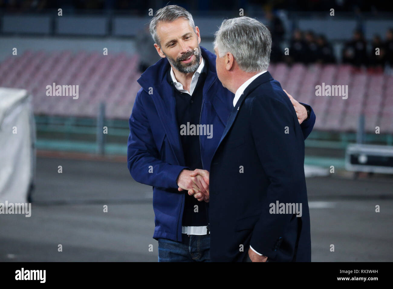 Napoli, Italia. 07Th Mar, 2019. Stadio San Paolo Europa League football match SSC Napoli - Red Bull Salisburgo in foto di Marco Rose coach Red Bull Salisburgo e Carlo Ancelotti allenatore ssc napoli, punteggio finale è 3-0 di SSC Napoli Credito: Antonio Balasco/Pacific Press/Alamy Live News Foto Stock