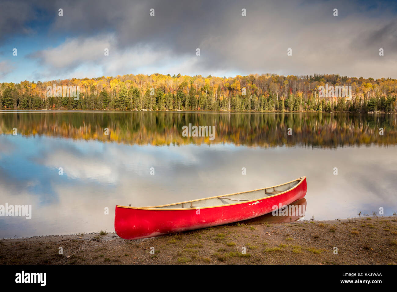 Red canoa sul lago Canisbay in Algonquin Provincial Park, Ontario, Canada Foto Stock