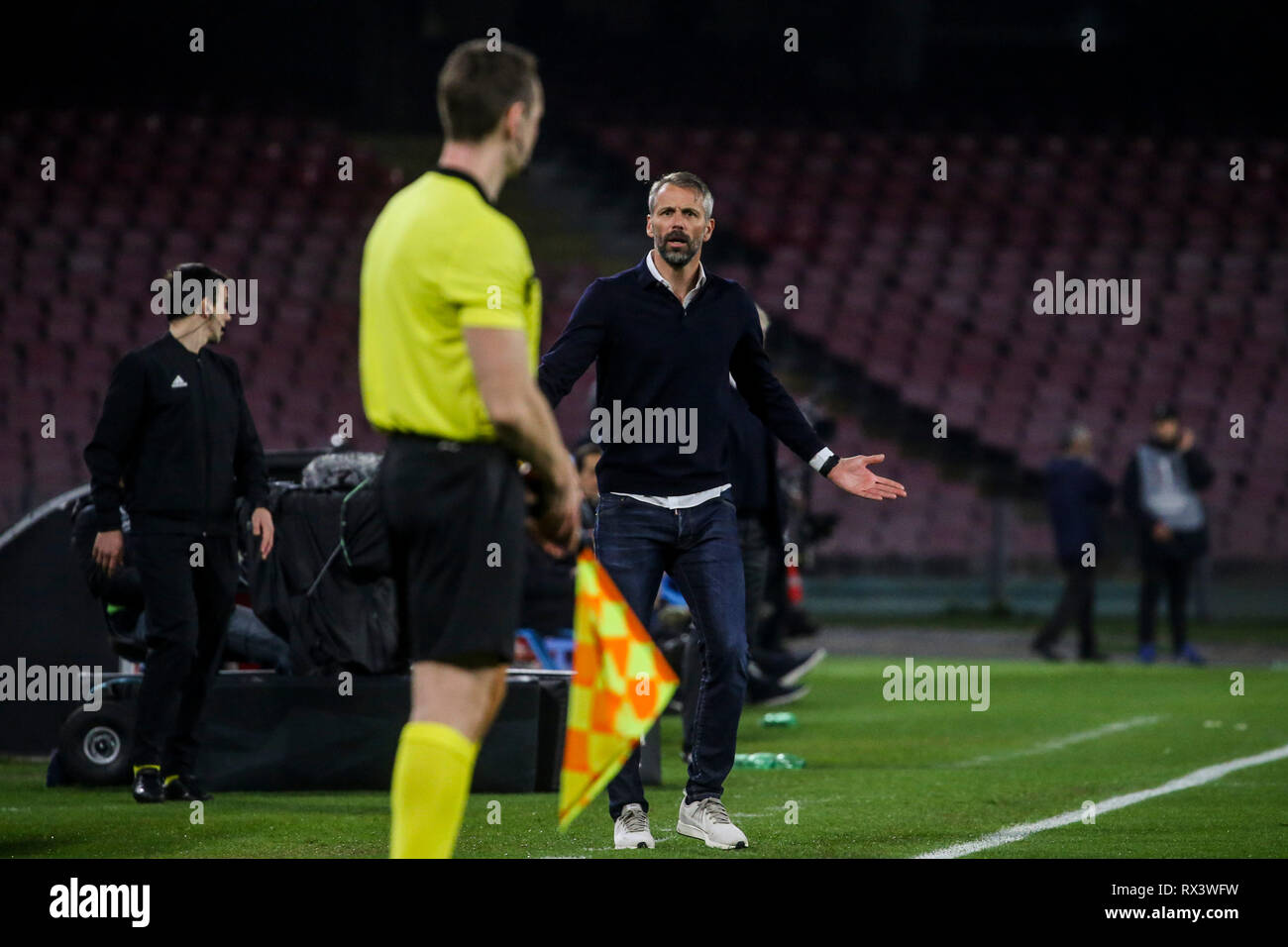 Napoli, Italia. 07Th Mar, 2019. Stadio San Paolo Europa League football match SSC Napoli - Red Bull Salisburgo in foto di Marco Rose coach Red Bull Salisburgo, il punteggio finale è 3-0 di SSC Napoli Credito: Antonio Balasco/Pacific Press/Alamy Live News Foto Stock