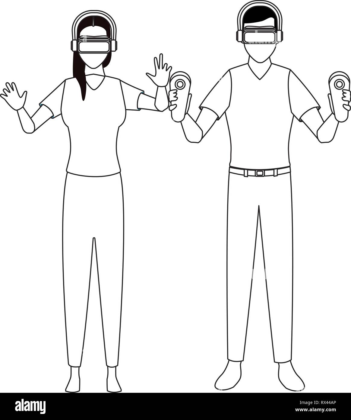 Donna che utilizza occhiali per realtà virtuale in bianco e nero Illustrazione Vettoriale