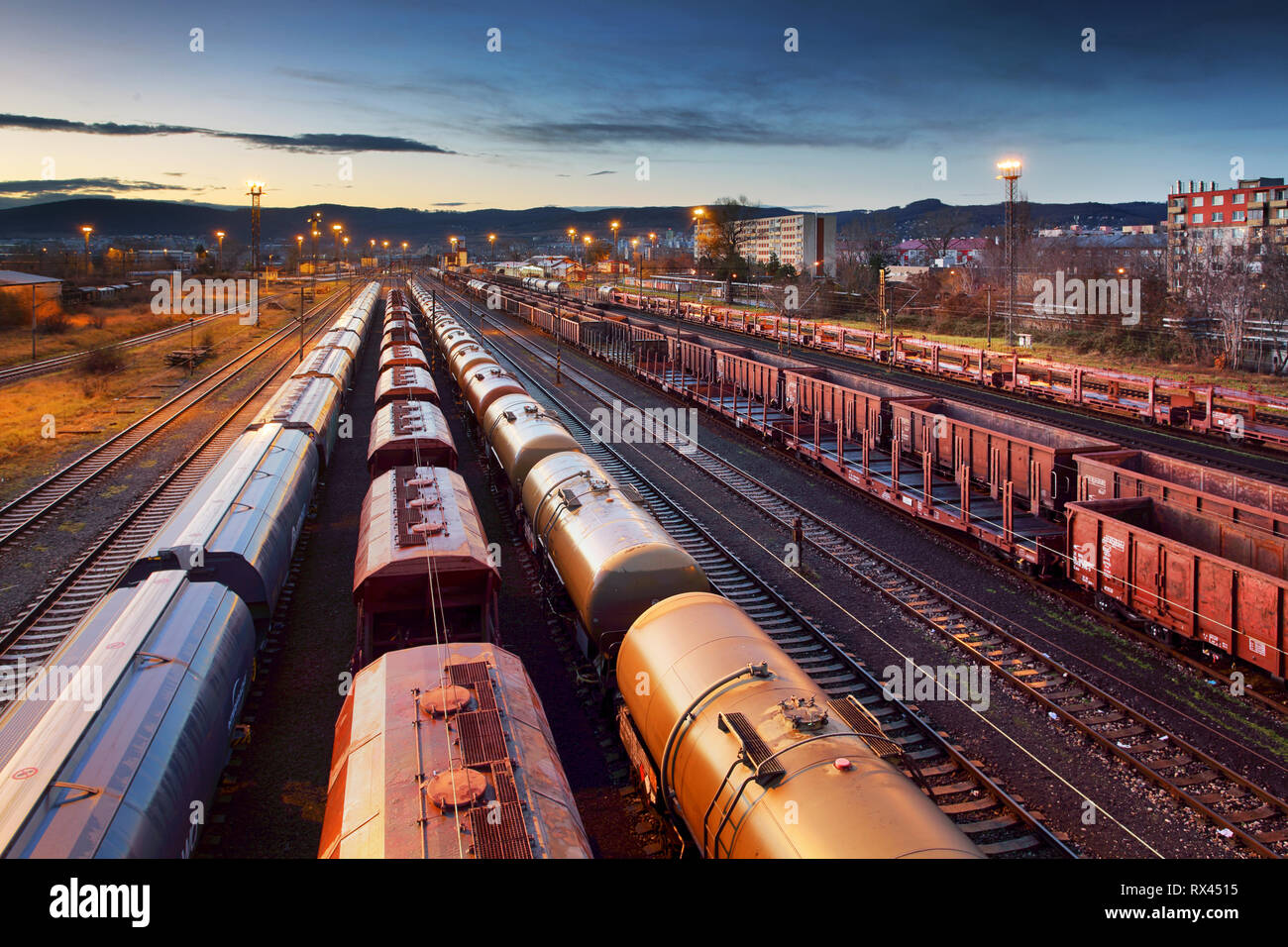 Contenitore treno merci nella stazione ferroviaria di Cargo settore trasporti Foto Stock