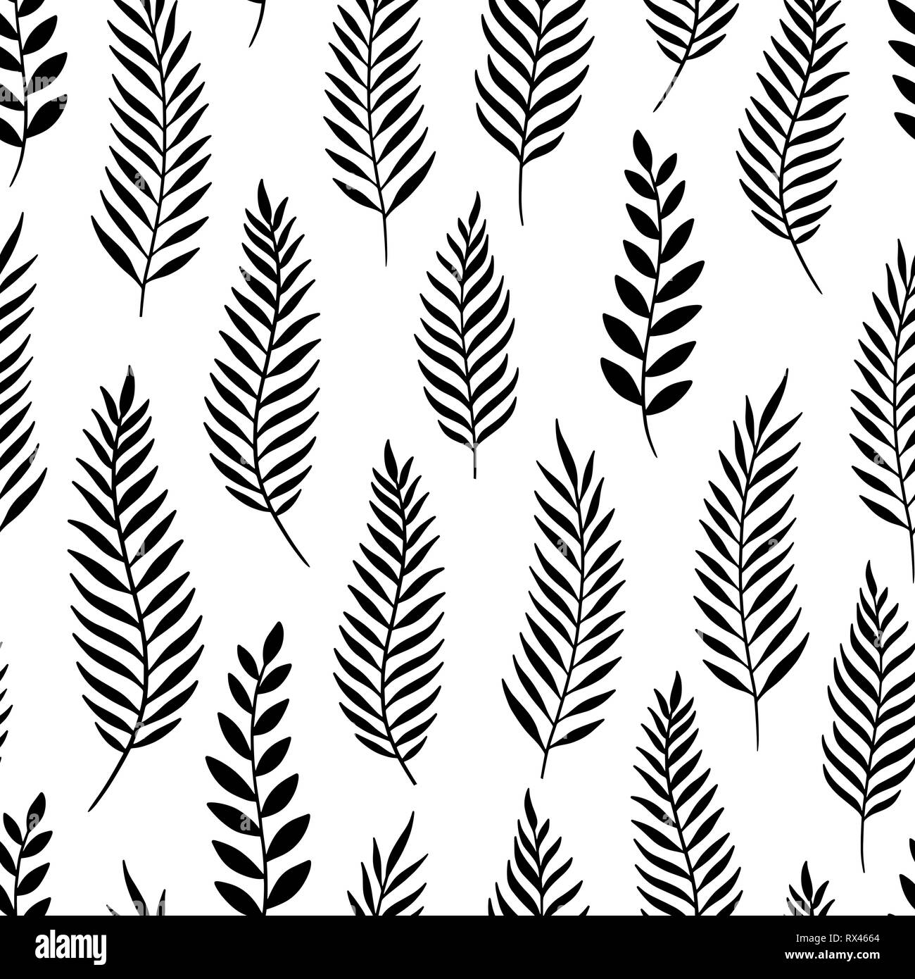 Una giungla tropicale lascia seamless pattern. Disegnata a mano illustrazione vettoriale nero su sfondo bianco. Per la moda, tessile, web, stampa, superficie di progettazione Illustrazione Vettoriale