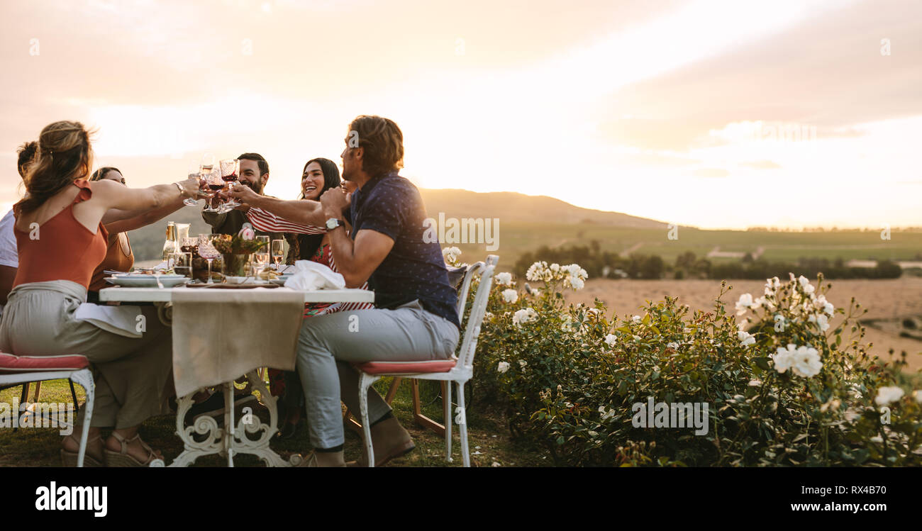 Gruppo di amici tostatura di bicchieri di vino a cena all'aperto. Giovani godendo avente le bevande a cena in giardino nel cortile. Foto Stock