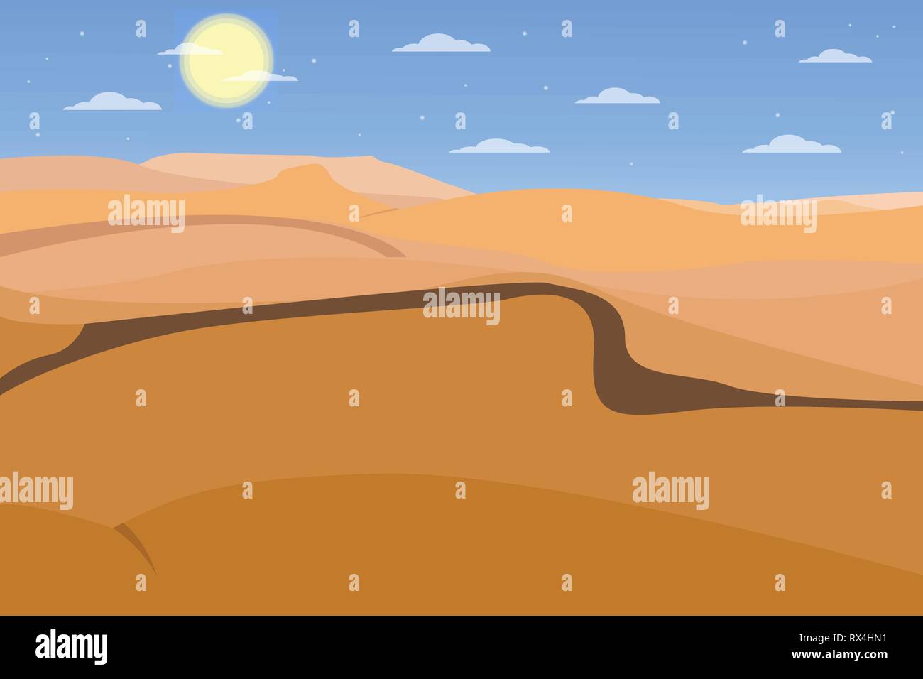 Design piatto paesaggio desertico illustrator vettore. I paesaggi del deserto a mezzogiorno scenario Illustrazione Vettoriale