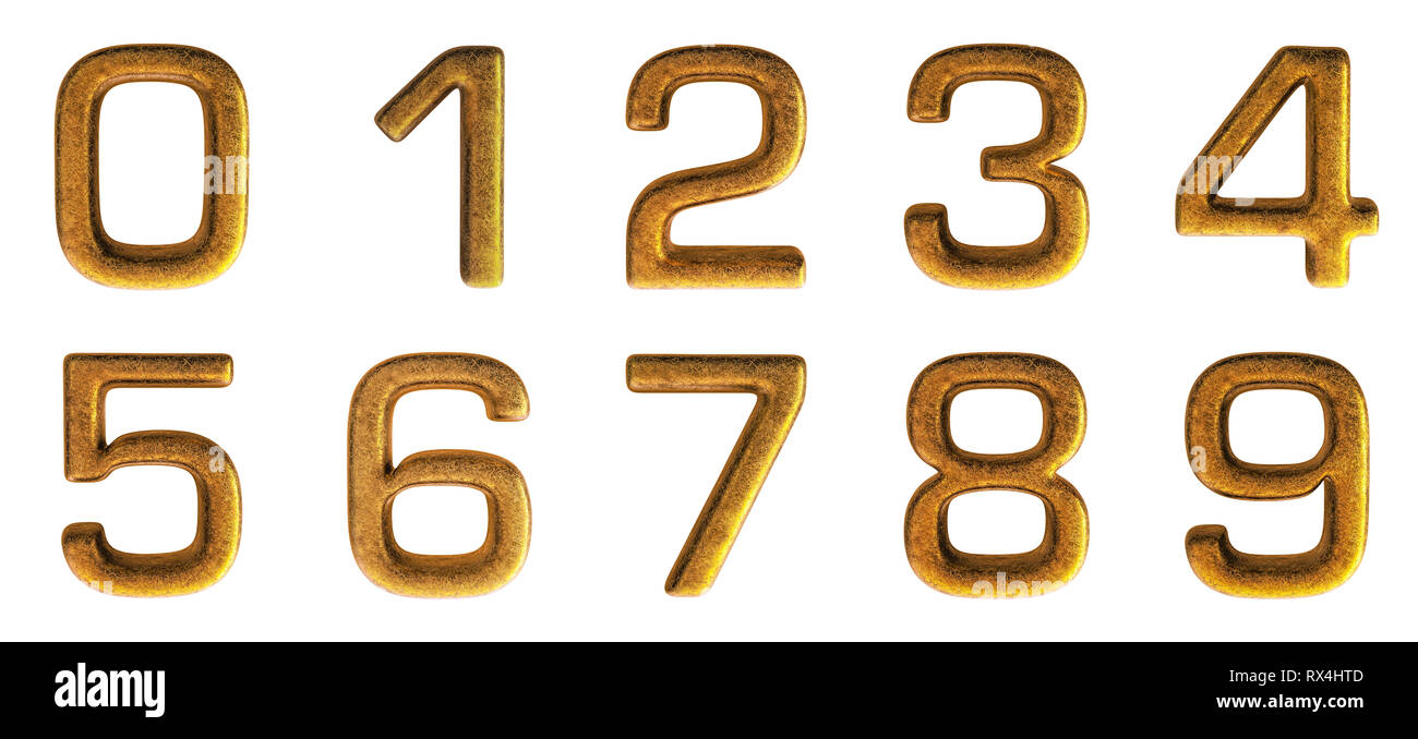 Alfabeto oro (lettere, numeri e segni di Punctation) 3D Render - Illustrazioni isolate su sfondo bianco e compreso il percorso di clipping. Foto Stock