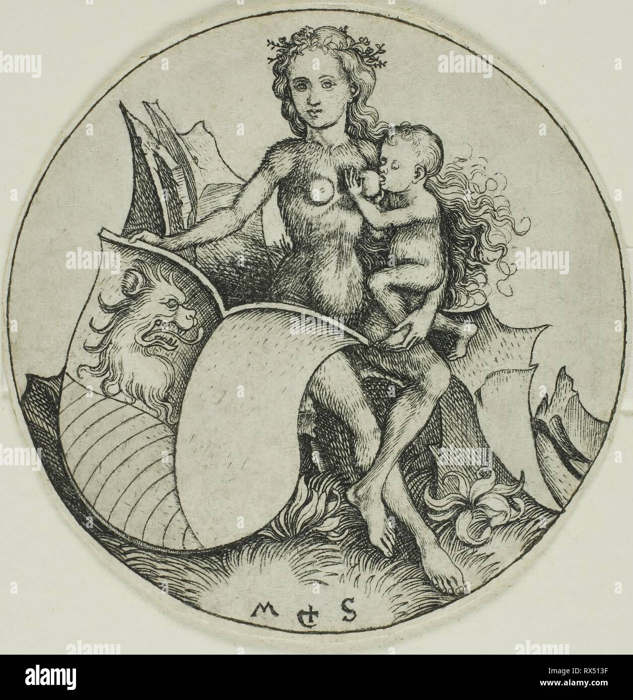 Protezione con la testa di un leone, detenute da una donna selvaggia. Martin Schongauer; Tedesco, c. 1450-1491. Data: 1480-1490. Dimensioni: 78 x 78 mm. Incisione in nero su avorio di cui la carta. Origine: Germania. Museo: Chicago Art Institute. Foto Stock