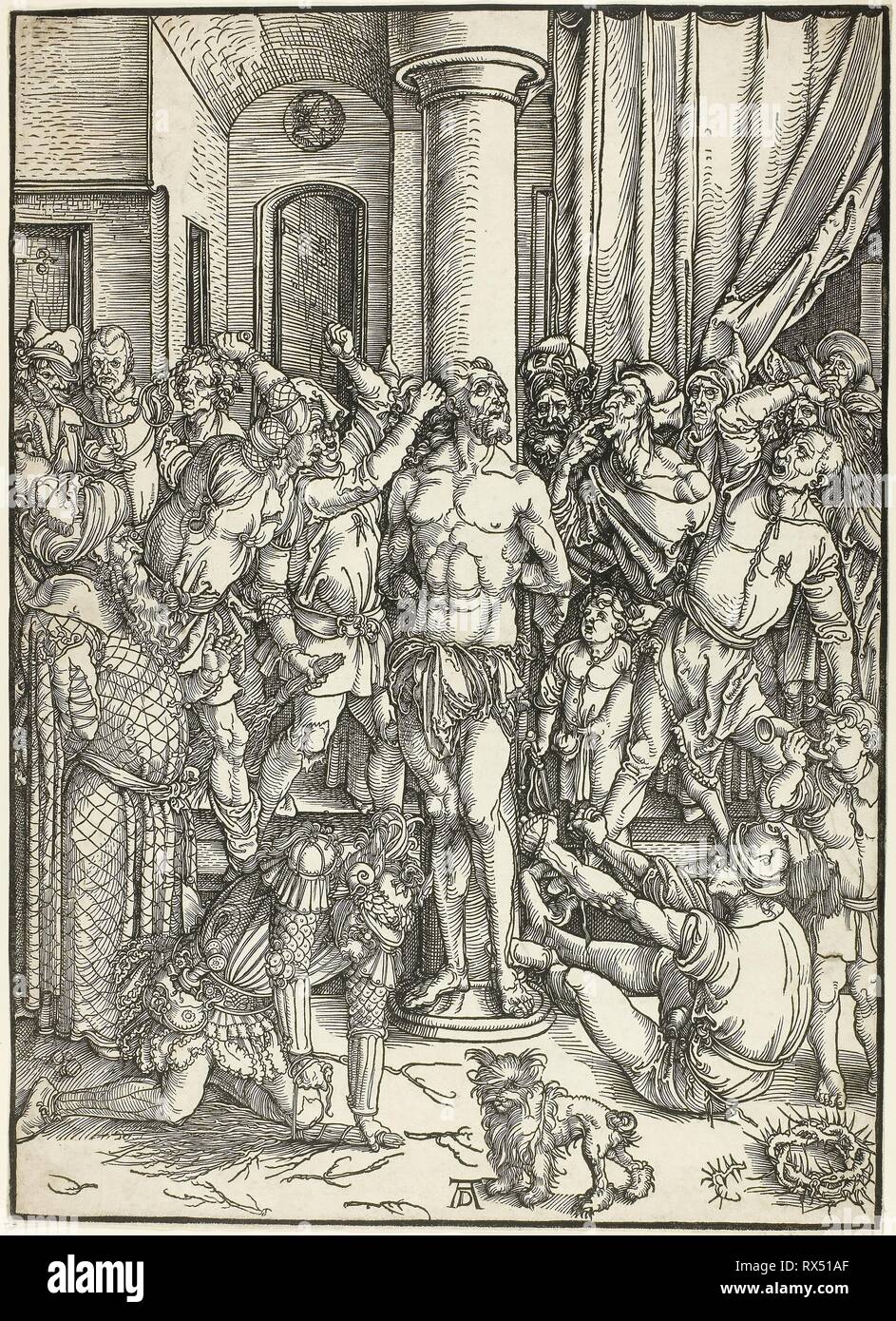 La flagellazione, dalla grande passione. Albrecht Dürer; Tedesco, 1471-1528. Data: 1496-1497. Dimensioni: 384 x 277 mm (nell'immagine); 387 x 278 mm (foglio). Xilografia in nero su avorio di cui la carta. Origine: Germania. Museo: Chicago Art Institute. Foto Stock