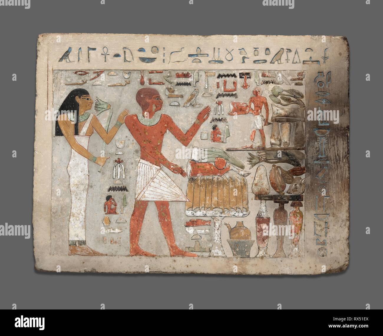 Stela di Amenemhat e Hemet. Egyptian; probabilmente da Tebe. Data: 1956 BC-1877 BC. Dimensioni: 31,1 × 41,7 × 6,7 cm (12 1/4 × 16 3/8 x 2 5/8 in.). Il calcare e pigmento. Provenienza: Egitto. Museo: Chicago Art Institute. Autore: antica egiziana. Foto Stock