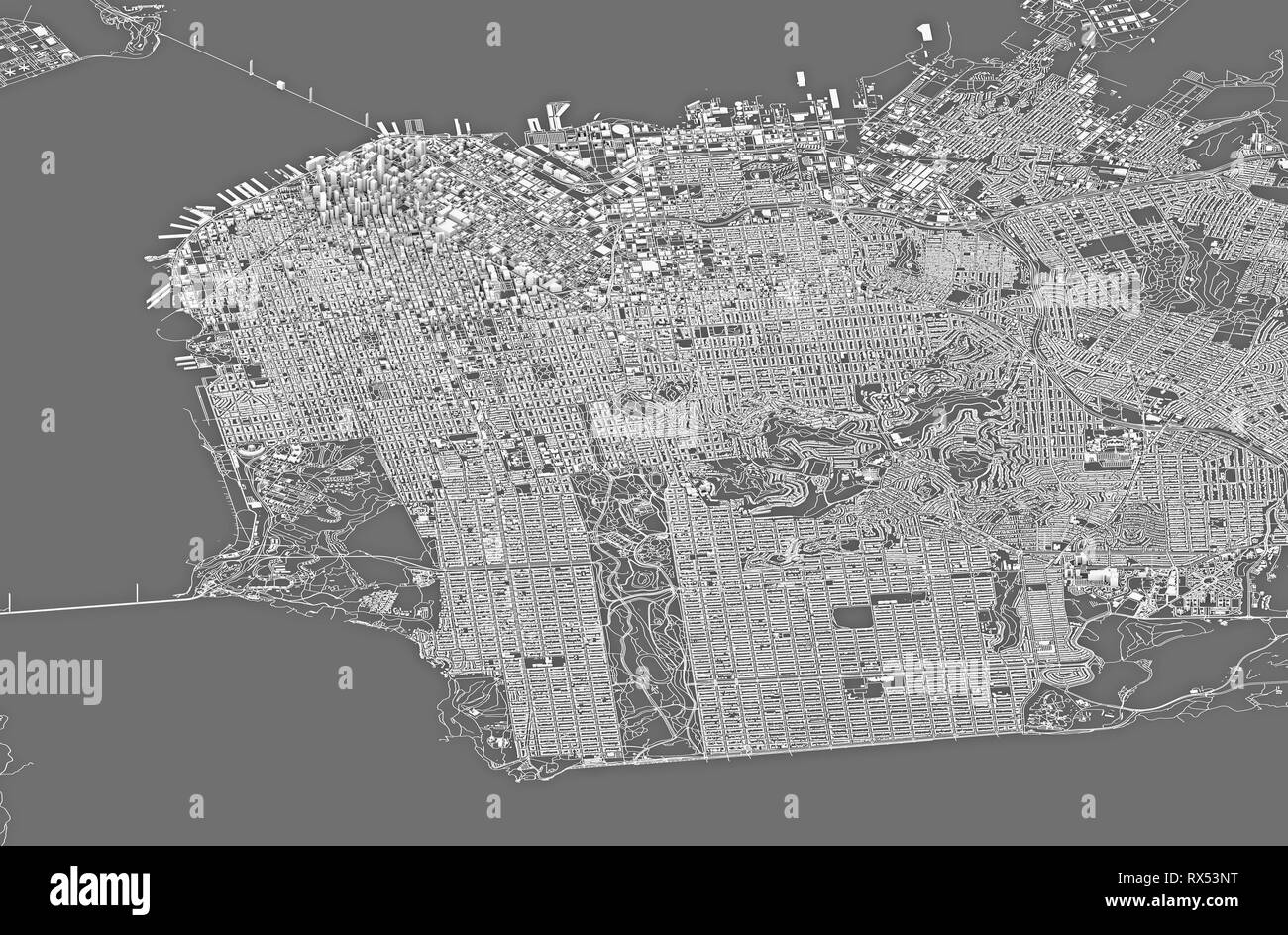 Vista satellitare di San Francisco, mappa, gli edifici 3d. Strade e grattacieli. Case e area urbana. Il rendering 3D Foto Stock