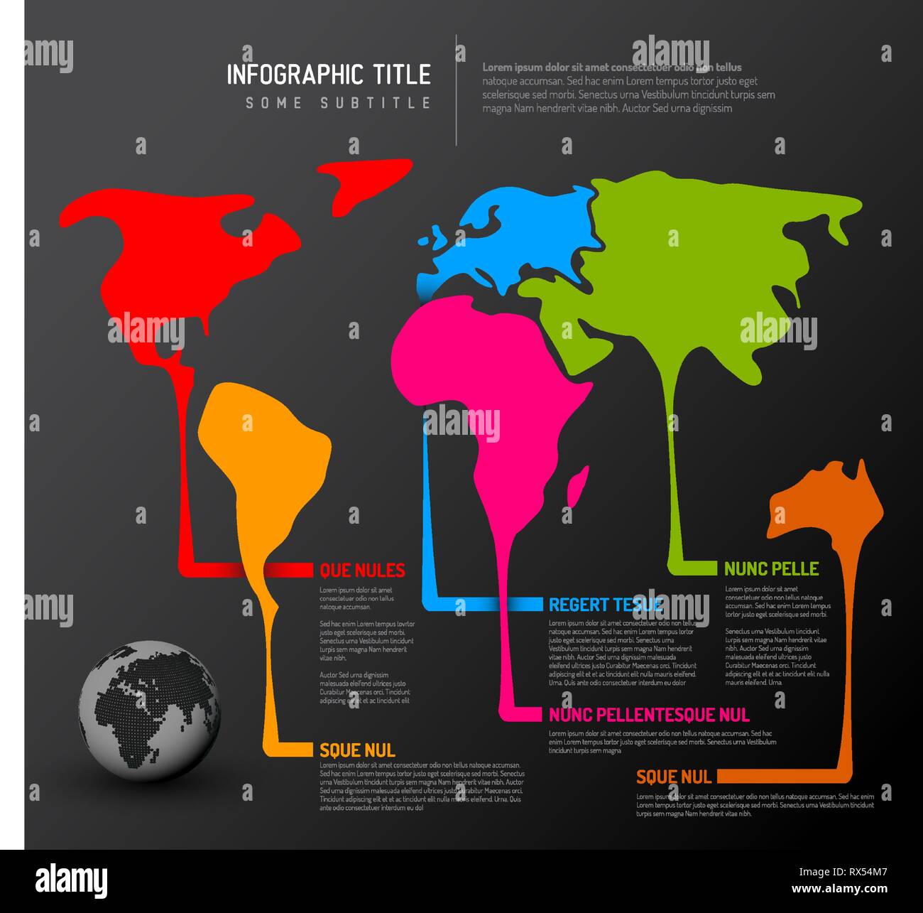 Mondo sottile linea mappa modello infografico con puntatore segna - versione scuro Illustrazione Vettoriale