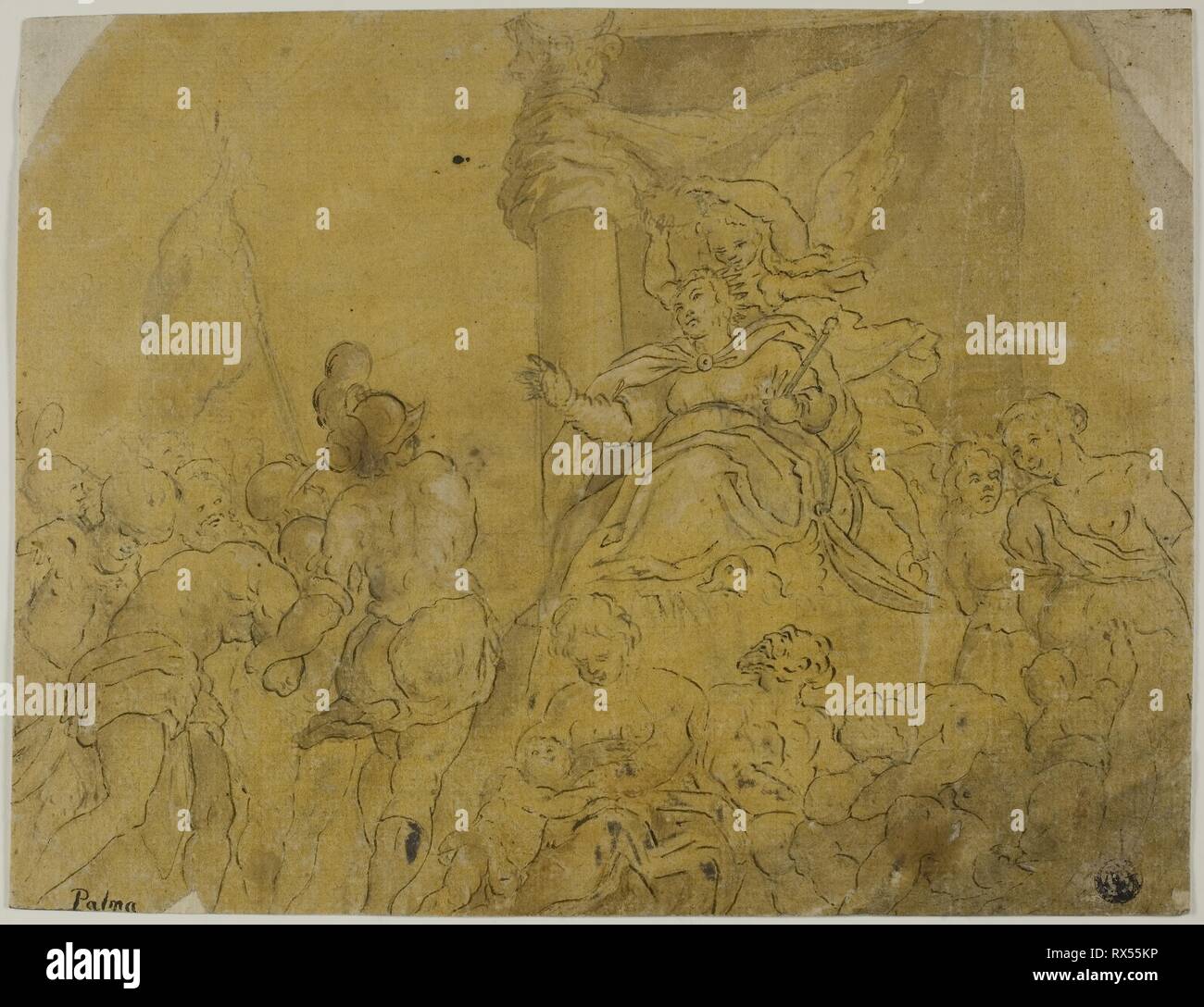 Studio per Venezia, coronata da Vittoria, ricevendo il suo oggetto i popoli. Dopo Jacopo Negretti, chiamato Palma il Giovane; Italiano, c. 1548-1628. Data: 1578-1600. Dimensioni: 193 x 251 mm (max). Penna e nero e inchiostro marrone con una spazzola e lavare marrone, intensificato con filo bianco (parzialmente ossidato), sulla cui carta preparata con orange lavaggio, stabilite su tan prevista carta. Origine: Italia. Museo: Chicago Art Institute. Foto Stock