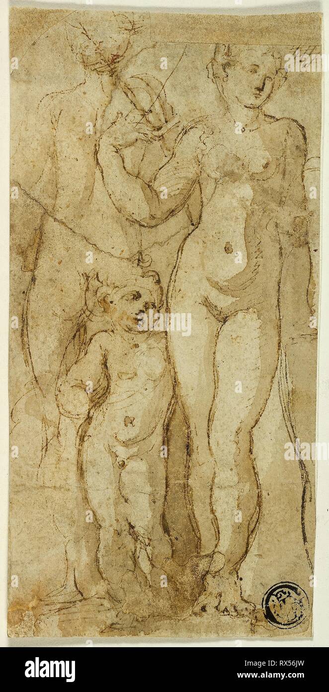 Venere e Amore. Cerchio di Francesco Mazzola, chiamato Parmigianino; Italiano, 1503-1540. Data: 1523-1541. Dimensioni: 137 x 69 mm (max). Penna e inchiostro bruno con spazzola e di colore marrone pallido, lavaggio su buff carta vergata, parzialmente fissate su tan carta vergata, ribalta su avorio di cui la carta. Origine: Italia. Museo: Chicago Art Institute. Foto Stock