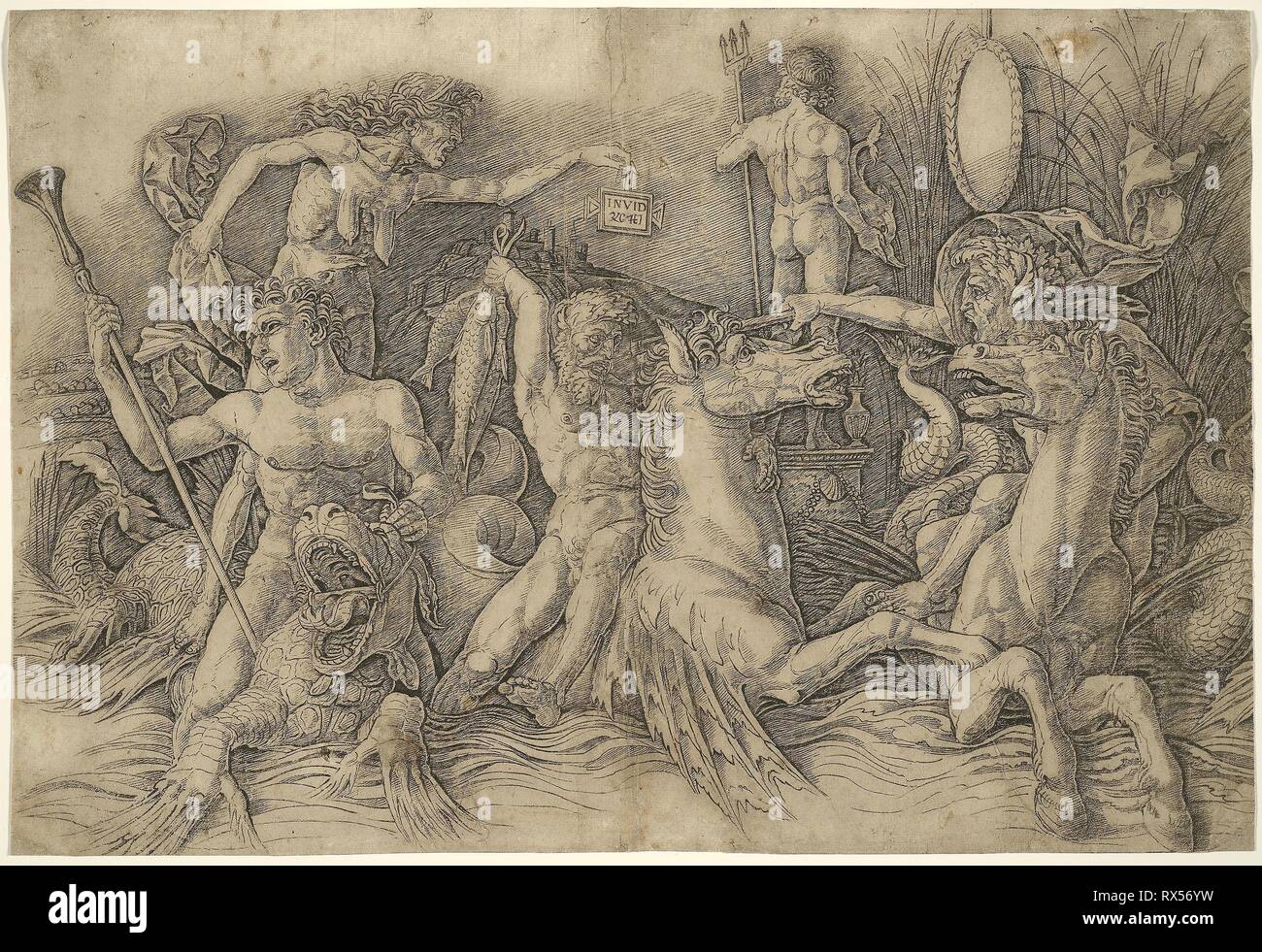 Battaglia di Sea-Gods, la metà di sinistra di un fregio. Andrea Mantegna; Italiano, 1431-1506. Data: 1465-1505. Dimensioni: 283 × 415 mm. Incisione in nero su avorio carta vergata, decolorata a marrone grigiastro. Origine: Italia. Museo: Chicago Art Institute. Foto Stock