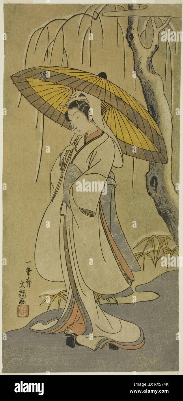 L'attore Segawa Kikunojo II come Heron Maiden nel gioco "ovatta di cotone di Izu proteggendo il Matrimonial Crisantemi (Myoto-giku Izu no Kisewata),' eseguita presso il Teatro Ichimura dal primo giorno dell'undicesimo mese, 1770. Ippitsusai Buncho; Giapponese, attivo c. 1755-90. Data: 1770. Dimensioni: 11 13/16 x 5 11/16 in. Colore stampa woodblock; hosoban. Provenienza: Giappone. Museo: Chicago Art Institute. Foto Stock