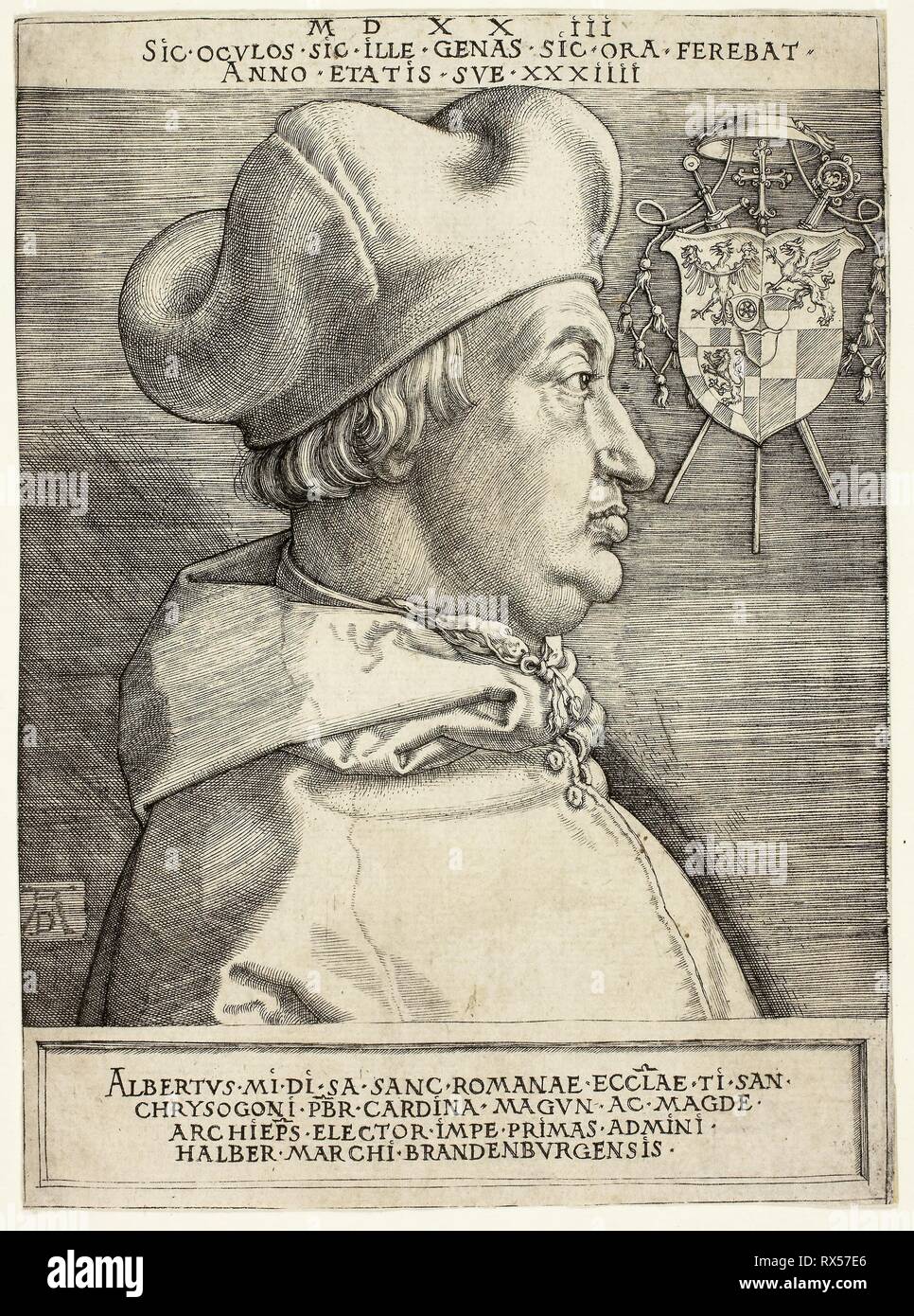 Il Cardinale Albrecht di Brandeburgo (il grande Cardinale). Albrecht Dürer; Tedesco, 1471-1528. Data: 1523. Dimensioni: 173 × 127 mm. Incisione in nero su avorio di cui la carta. Origine: Germania. Museo: Chicago Art Institute. Foto Stock