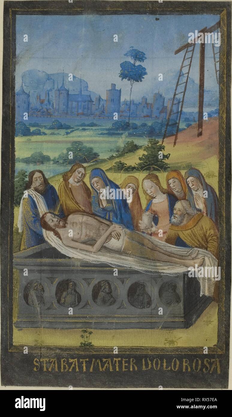 Tumulazione (Stabat Mater preghiera), da un libro di ore. cerchio di Jean Colombe; francese (Bourges), fiorì 1463-prima del 1498. Data: 1475-1485. Dimensioni: 41 × 83 mm. Manoscritto del taglio di tempera e oro vernice, con littera batarda scritte in oro, recto, e luce nera, verso, su pergamena tinto nero. Provenienza: Francia. Museo: Chicago Art Institute. Foto Stock