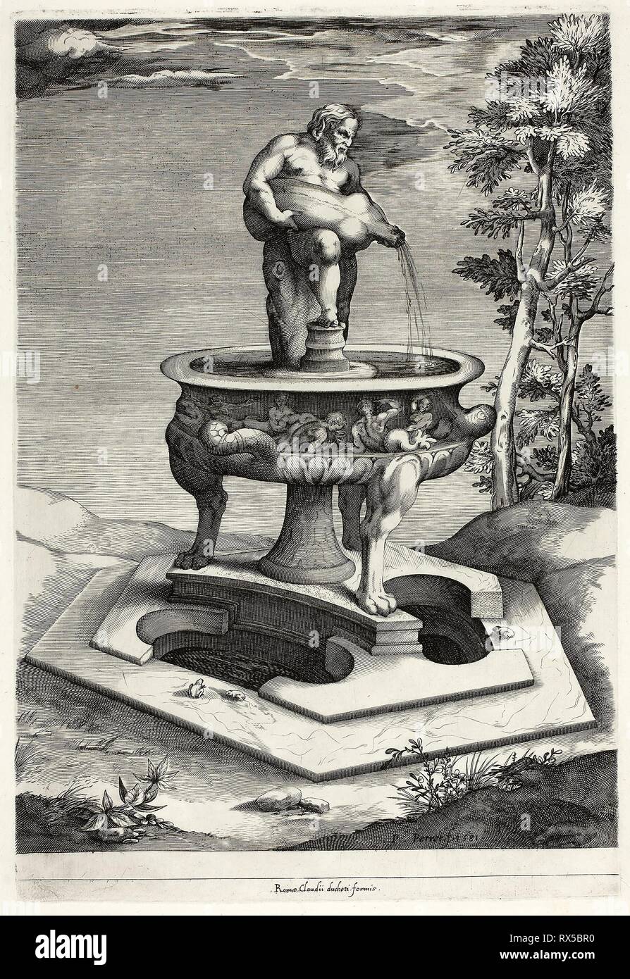 Fontana con Silenus nel giardino del Palazzo Cesi vicino Roma. Pieter Perret (fiammingo, 1555-1639); pubblicato da Claudio Duchetti. Data: 1581. Dimensioni: 332 × 239 mm (nell'immagine); 351 × 239 mm (piastra); 541 × 425 mm (foglio). Incisione in nero su avorio di cui la carta. Origine: Fiandre. Museo: Chicago Art Institute. Foto Stock