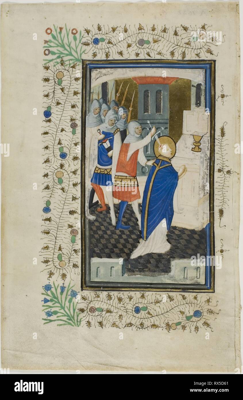 L assassinio di Thomas Becket, pagina uno, da un libro di ore. Fiammingo (Bruges); Nicolas Brouwer (fiammingo, attivo c. 1420-c. 1450). Data: 1430-1440. Dimensioni: 237 × 156 mm. Manoscritto di taglio con tempera e foglia oro e penna e inchiostro nero su pergamena. Origine: Fiandre. Museo: Chicago Art Institute. Foto Stock