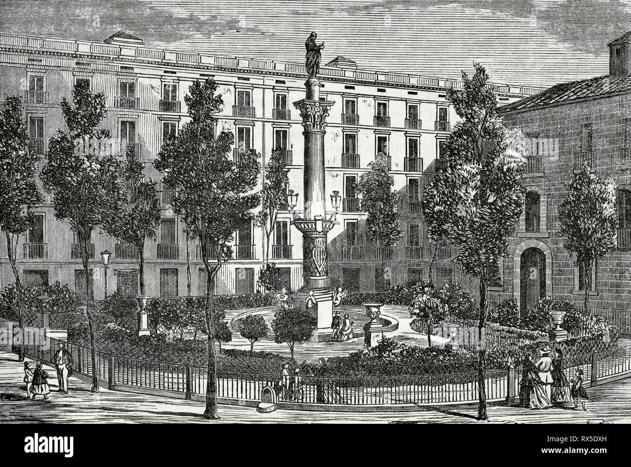 Spagna. La Catalogna. Barcellona. Il duca di Medinaceli Square. Monumento a Galceran Marquet, eretto nel 1851. Incisione. Crónica General de España, Historia Ilustrada y Descriptiva de sus Provincias. La Catalogna. 1866. Foto Stock