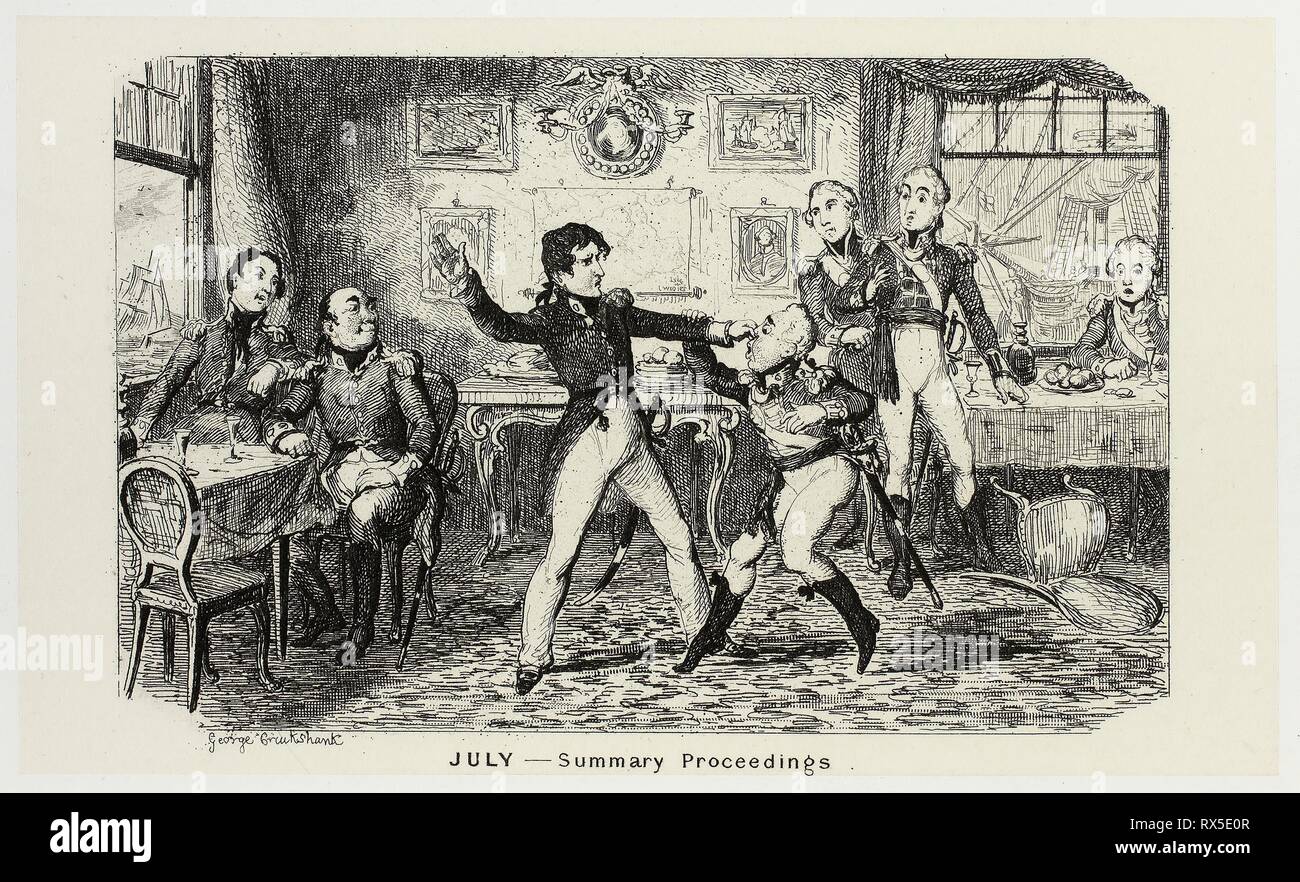 Luglio - Procedimento sommario da George Cruikshank di incisioni in acciaio per il fumetto Almanacks: 1835-1853. George Cruikshank (Inglese, 1792-1878); pubblicato da Pickering &AMP; Chatto (Inglese del XIX secolo). Data: 1839. Dimensioni: 92 × 154 mm (supporto primario); 222 × 284 mm (supporto secondario). Attacco in acciaio nero in crema carta india, stabilite su off-white card (chine collé). Origine: Inghilterra. Museo: Chicago Art Institute. Foto Stock