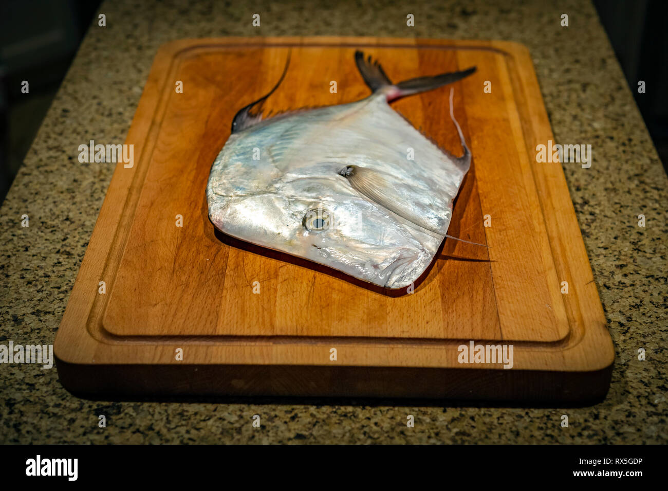 Moonfish fresco su un tagliere Foto Stock