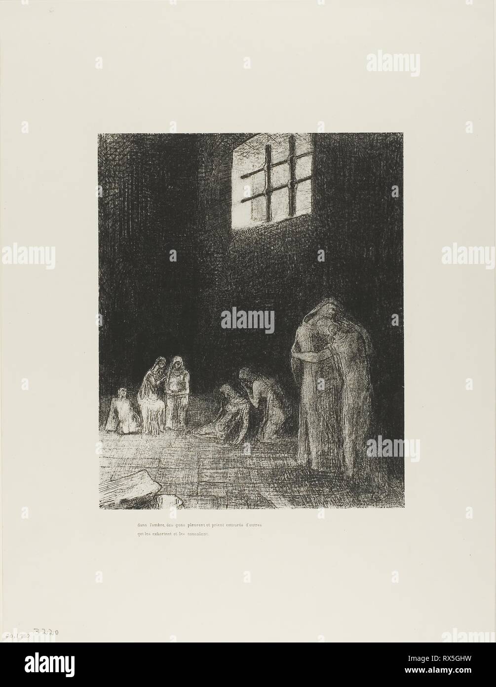 Nell'ombra sono persone, piangendo e pregando, circondato da altri che sono Esortandoli, la piastra 6 di 24. Odilon Redon; francese, 1840-1916. Data: 1896. Dimensioni: 263 × 215 mm (immagine/chine); 450 × 346 mm (foglio). Litografia in bianco e nero in avorio carta Cina stabilite su avorio carta intessuta. Provenienza: Francia. Museo: Chicago Art Institute. Foto Stock