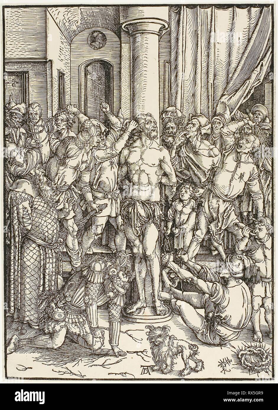 La flagellazione, dalla grande passione. Albrecht Dürer; Tedesco, 1471-1528. Data: 1496-1497. Dimensioni: 383 x 276 mm (nell'immagine); 387 x 280 mm (foglio). Xilografia in nero su avorio di cui la carta. Origine: Germania. Museo: Chicago Art Institute. Gesù. Foto Stock