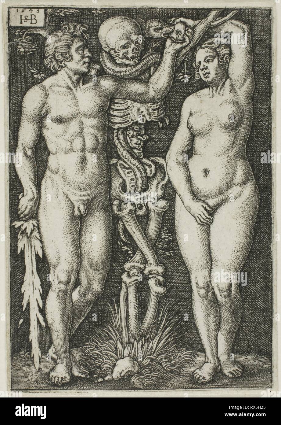 Adamo ed Eva. Sebald Beham (Tedesco, 1500-1550); dopo Barthel Beham (Tedesco, 1502-1540). Data: 1543. Dimensioni: 82 x 57 mm (l'immagine/piastra); 84 x 58 mm (foglio). Incisione in nero su avorio di cui la carta. Origine: Germania. Museo: Chicago Art Institute. Autore: Hans Sebald Beham. Foto Stock