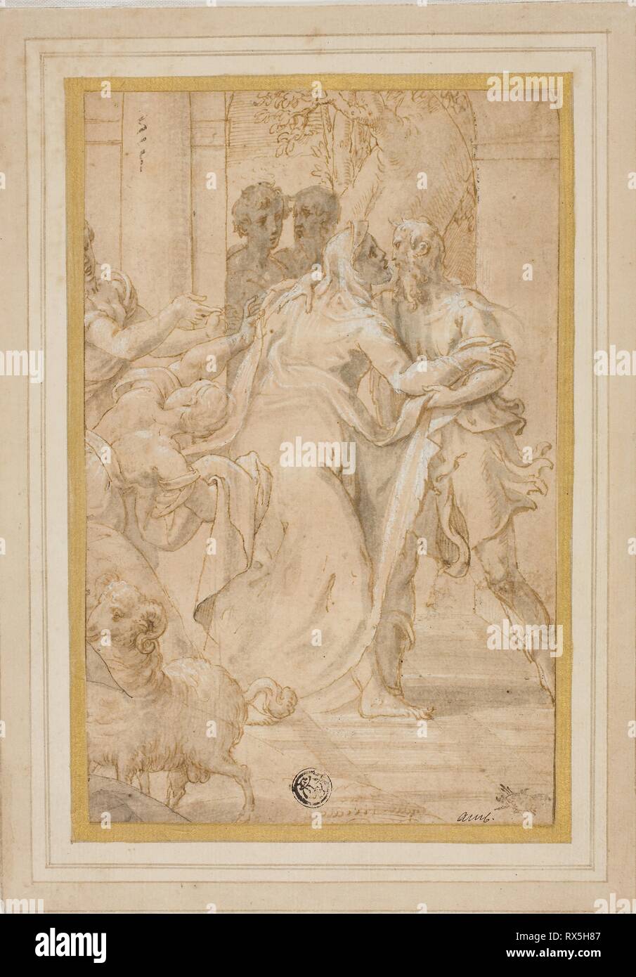 L'Incontro di Gioacchino e Anna presso il Golden Gate. Girolamo Mazzola Bedoli; Italiano, c. 1510-c. 1569. Data: 1551-1555. Dimensioni: 188 x 121 mm. Penna e inchiostro bruno con spazzola e grey wash, intensificato con filo bianco su tan carta vergata, stabilite su avorio di cui card. Origine: Italia. Museo: Chicago Art Institute. Foto Stock