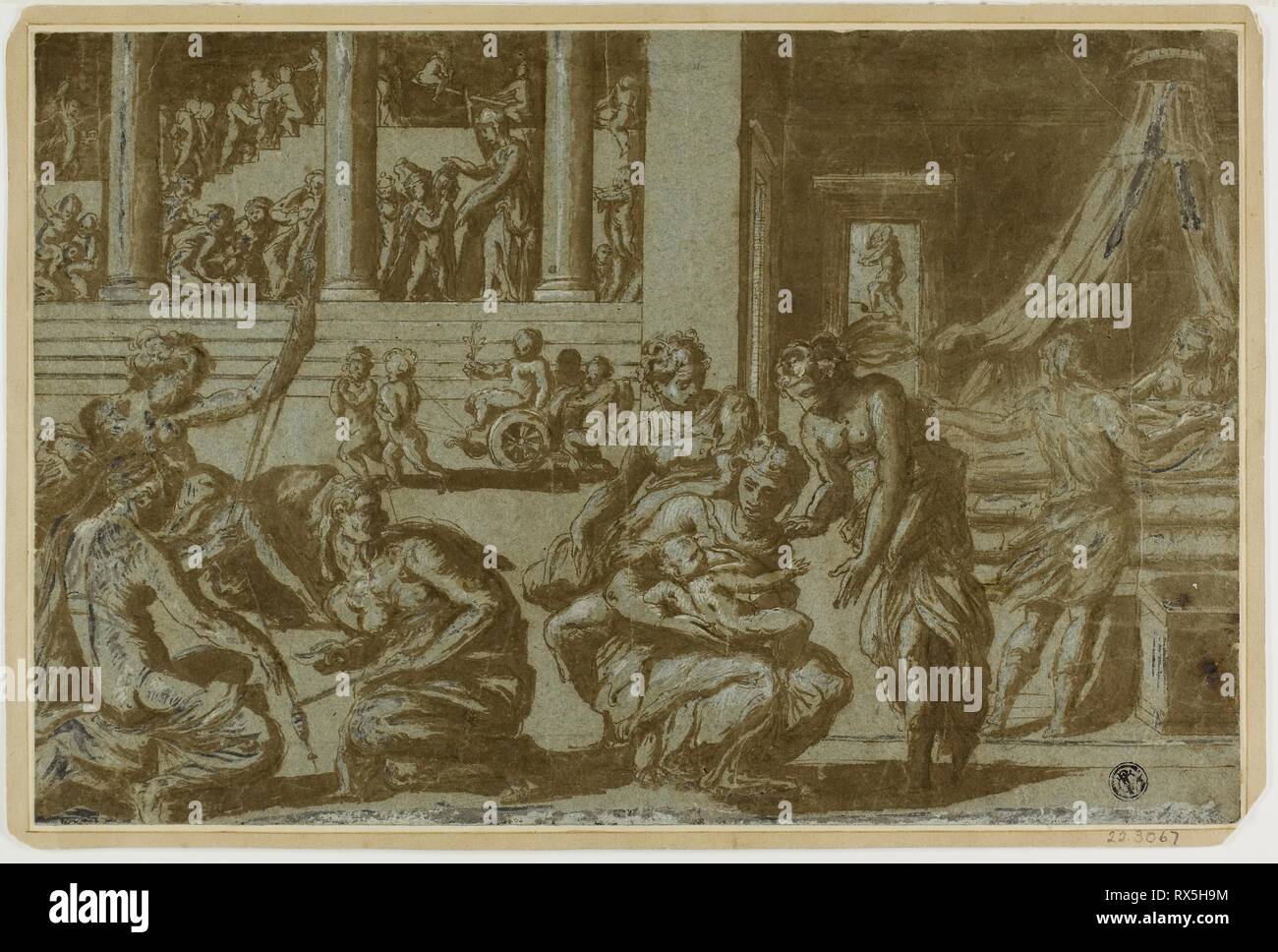 Studio per l'Allegoria della nascita. Giorgio Vasari, dopo; Italiano, 1511-1574. Data: 1580-1599. Dimensioni: 212 x 323 mm. Penna e inchiostro bruno con pennello e lavaggio marrone, intensificato con filo bianco (parzialmente ossidato), su blu carta vergata, fissate sulla carta velina tan card. Origine: Italia. Museo: Chicago Art Institute. Foto Stock