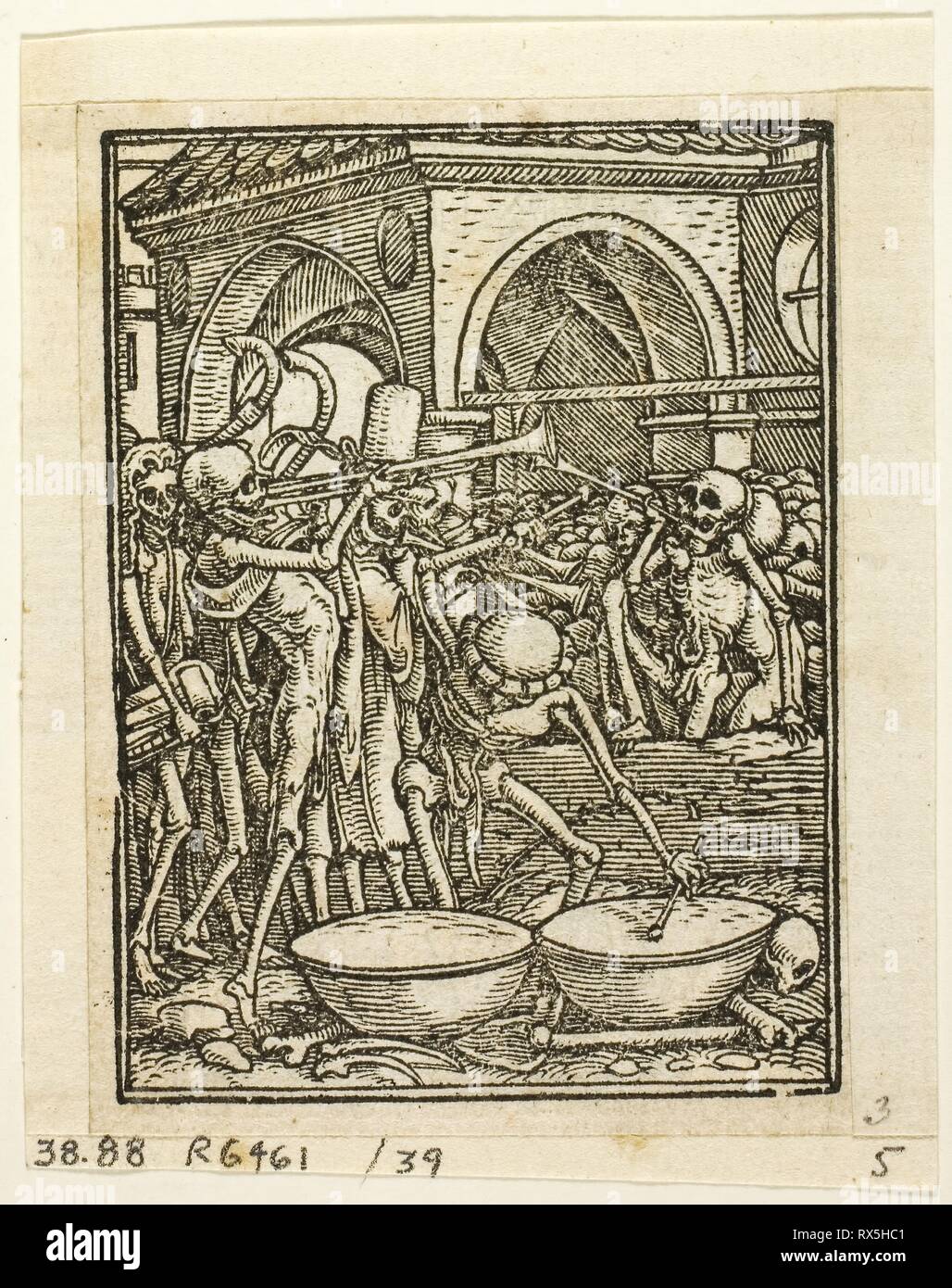 La Danza della morte, la piastra 39 da xilografie da libri del XVI secolo. Hans Holbein il Giovane, dopo (tedesco, c.1497-1543); assemblate da Max Geisberg (Swiss, 1875-1943). Data: 1567. Dimensioni: 66 x 50 mm (nell'immagine); 80 × 62 mm (foglio). Silografia su carta. Origine: Germania. Museo: Chicago Art Institute. Foto Stock