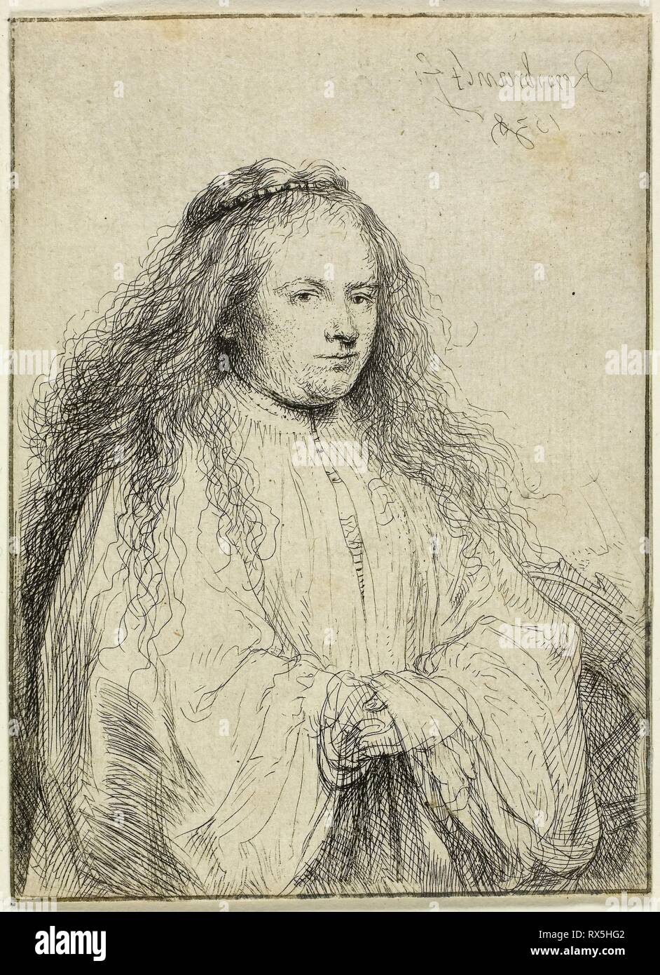 Santa Caterina (la piccola sposa ebraico). Rembrandt van Rijn; Olandese, 1606-1669. Data: 1638. Dimensioni: 108 x 78 mm (foglio rifilato entro la piastra mark). Incisione e puntasecca su carta. Origine: Holland. Museo: Chicago Art Institute. Autore: HARMENSZOON REMBRANDT VAN RIJN. Foto Stock