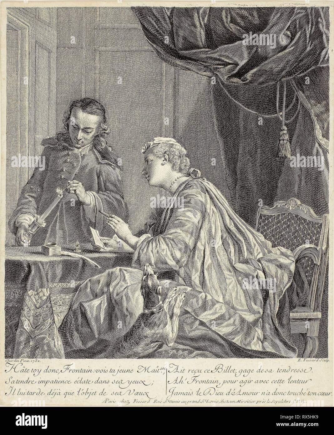 La donna la tenuta di una lettera. Étienne Fessard (Francese, 1714-1777); dopo Jean Baptiste Siméon Chardin (Francese, 1699-1779). Data: 1738. Dimensioni: 248 × 230 mm (nell'immagine); 285 × 237 mm (foglio, rifilato entro platemark). Incisione in bianco e nero in crema di latte di cui la carta. Provenienza: Francia. Museo: Chicago Art Institute. Foto Stock