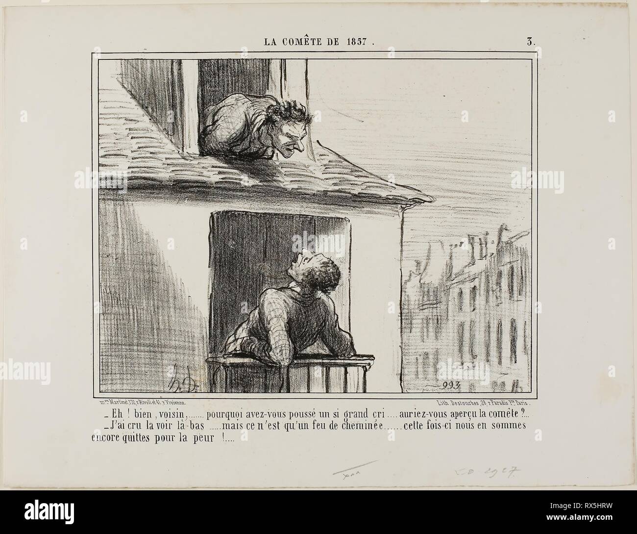 '- Hello, prossimo... ciò che era tutto questo gridare circa... non puoi vedere la cometa? - Ho pensato che aveva visto lì ... ma poi era solo il fuoco di un camino... questa volta siamo cavata con non più di uno spavento,' la piastra 3 da La Cométe de 1857. Honoré Daumier Victorin; francese, 1808-1879. Data: 1857. Dimensioni: 196 × 251 mm (nell'immagine); 272 × 356 mm (foglio). Litografia su carta bianca di qualità della carta. Provenienza: Francia. Museo: Chicago Art Institute. Foto Stock