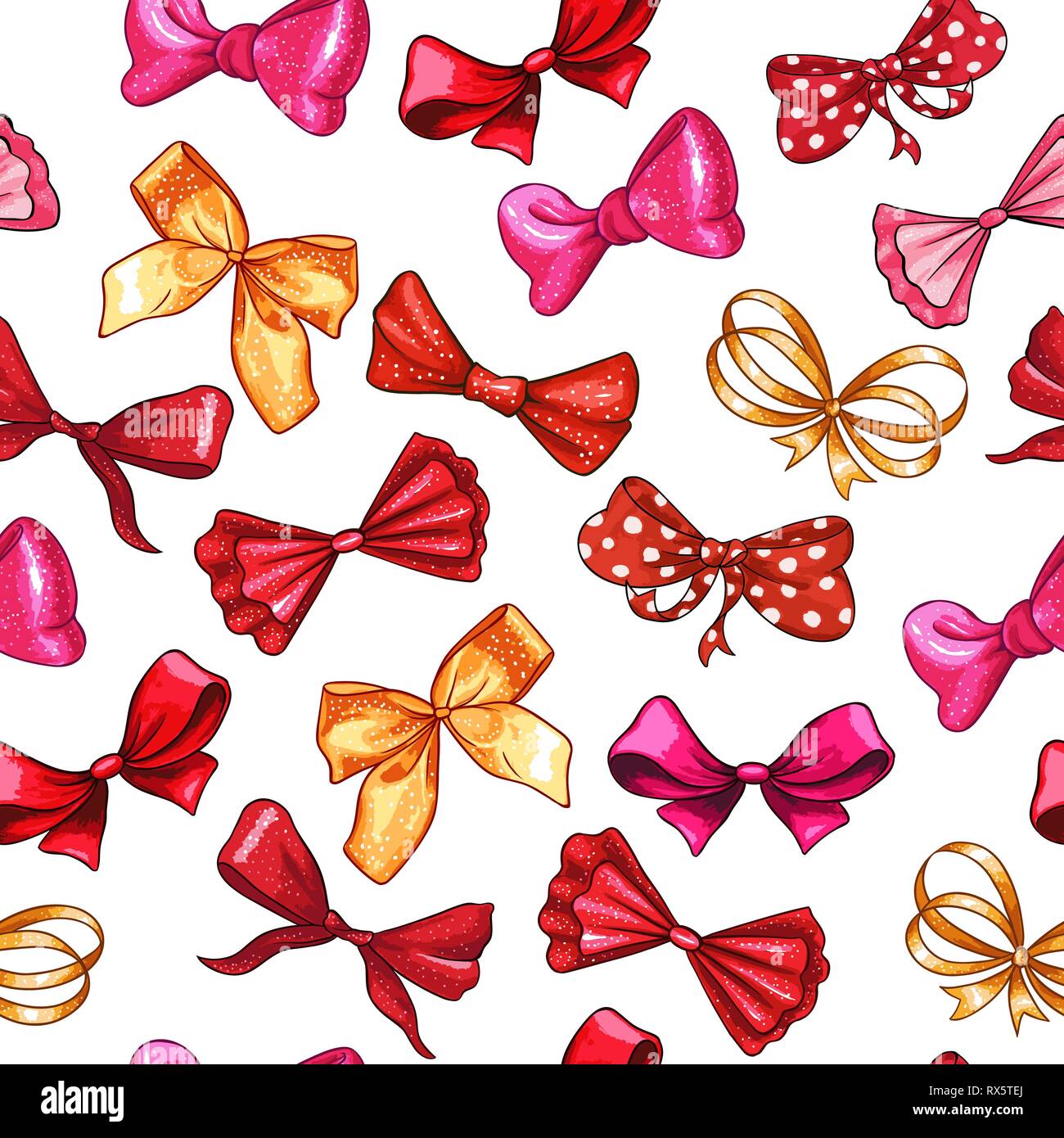 Bow disegnati a mano vector seamless pattern. Golden gradiente, rosso, pink ribbon nodi illustrazione. Dono bowknots disegno. Colore isolato accessori per capelli clipart. Holiday carta di avvolgimento, il design tessile Illustrazione Vettoriale