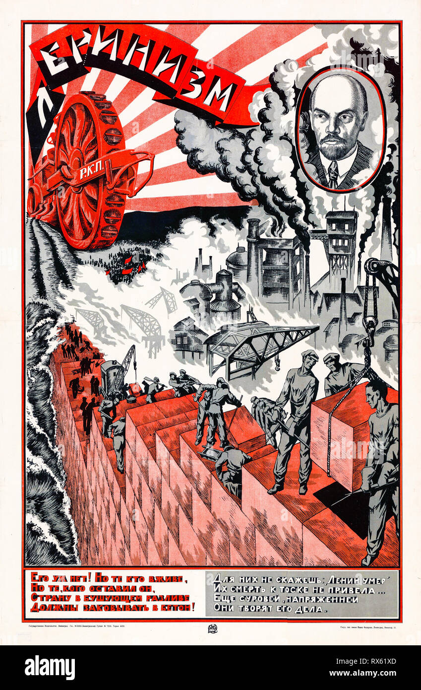 Poster di Lenin, promuovendo il leninismo e industria, produzione, costruzione di Lenin la visione, 1924 Foto Stock