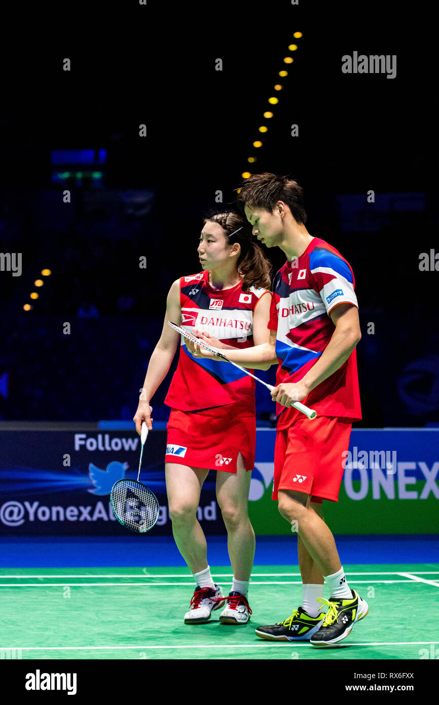 Birmingham, Regno Unito. 8 Mar 2019. Tutti Inghilterra aprire Badminton campionati - Giorno 3 Birmingham, Inghilterra - Marzo 8 : Yuta Watanabe e partner HIGASHINO Arisa del Giappone in azione durante il mix doppio contro Tontowi Ahmad e partner Oktavina Winny KANDOW DI INDONESIA PRESSO Overgrip Yonex tutti Inghilterra aprire Badminton campionati a Arena Birmingham il 8 marzo 2019 a Birmingham, Inghilterra. Credito: PATRICK ANTHONISZ/Alamy Live News Foto Stock