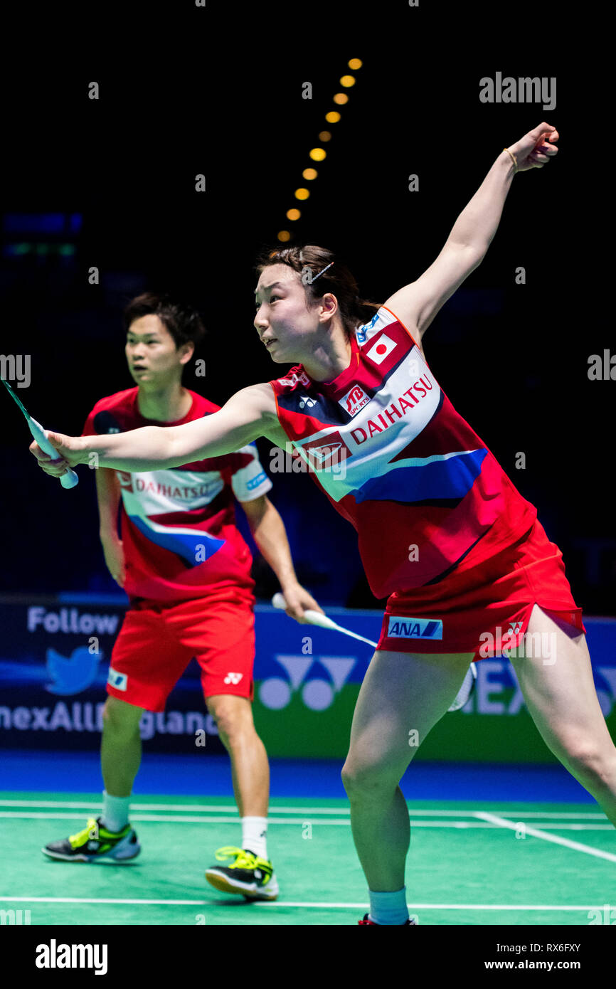 Birmingham, Regno Unito. 8 Mar 2019. Tutti Inghilterra aprire Badminton campionati - Giorno 3 Birmingham, Inghilterra - Marzo 8 : Yuta Watanabe e partner HIGASHINO Arisa del Giappone in azione durante il mix doppio contro Tontowi Ahmad e partner Oktavina Winny KANDOW DI INDONESIA PRESSO Overgrip Yonex tutti Inghilterra aprire Badminton campionati a Arena Birmingham il 8 marzo 2019 a Birmingham, Inghilterra. Credito: PATRICK ANTHONISZ/Alamy Live News Foto Stock