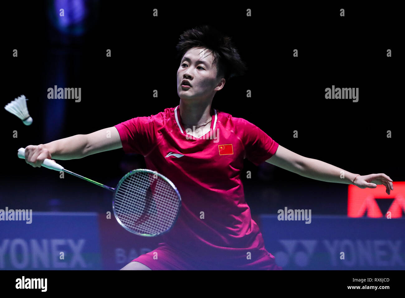 Birmingham. 8 Mar, 2019. Della Cina di Chen Yufei compete durante le donne singoli quarti di finale corrisponde con la Corea del Sud del cantato Ji Hyun al All England Open Badminton Championships 2019 a Birmingham, la Gran Bretagna il 8 marzo 2019. Credito: Tang Shi/Xinhua/Alamy Live News Foto Stock