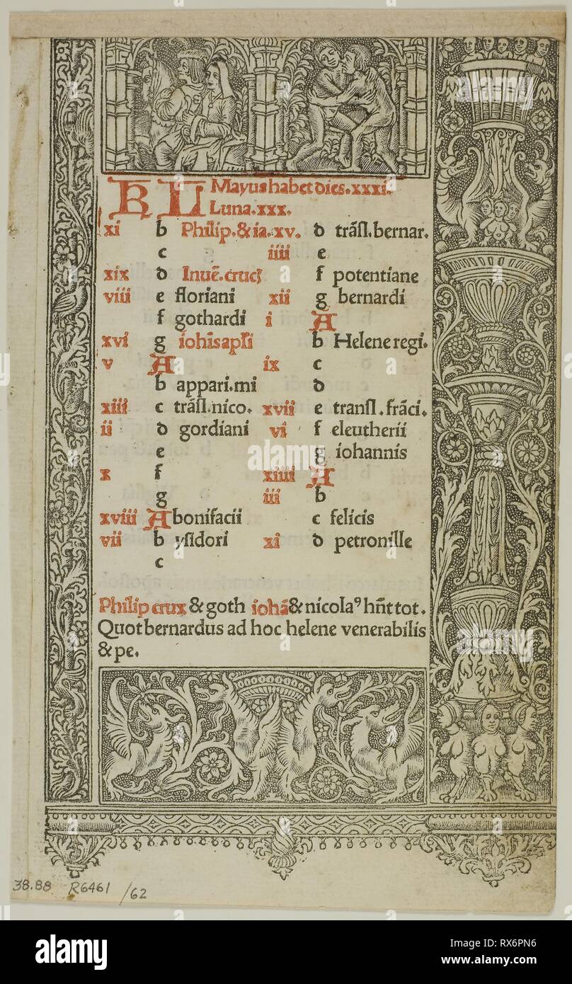 Illustrazione da Officium B.M.V., piastra 62 da xilografie da libri del XVI secolo. Artista sconosciuto (francese, XVI secolo); assemblate da Max Geisberg (Swiss, 1875-1943). Data: 1505. Dimensioni: 152 × 92 mm (nell'immagine); 161 × 99 mm (foglio). Metalcut su carta. Provenienza: Francia. Museo: Chicago Art Institute. Foto Stock