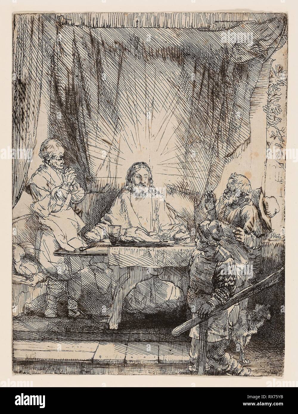 Il Cristo di Emmaus: la piastra più grande. Rembrandt van Rijn; Olandese, 1606-1669. Data: 1654. Dimensioni: 212 x 160 mm (l'immagine/foglio, tagliato dentro la piastra mark). Incisione al bulino e puntasecca su avorio di cui la carta. Origine: Holland. Museo: Chicago Art Institute. Autore: HARMENSZOON REMBRANDT VAN RIJN. Foto Stock