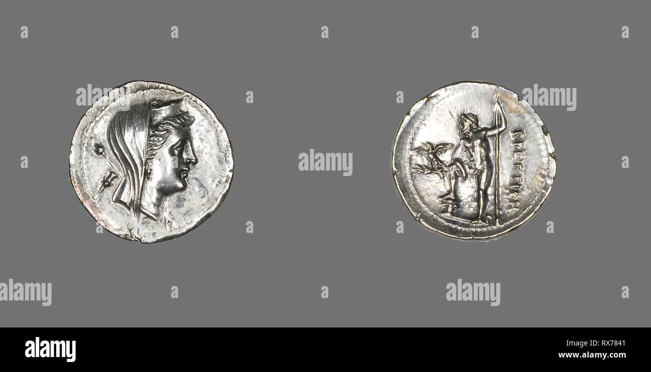 Drachm (moneta) raffigurante la ninfa Anfitrite. Greco, coniate in Kroton/Bruttium, Italia. Data: 216 BC-203 BC. Dimensioni: diam. 2 cm; 4,67 g. Argento. Origine: Italia. Museo: Chicago Art Institute. Autore: greco antico. Foto Stock