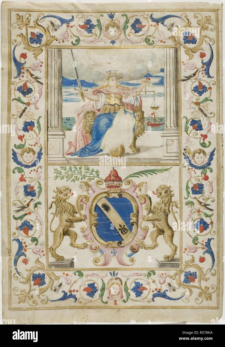 La figura di giustizia e protezione con i Lions dilagante. Europeo. Data: 1400-1599. Dimensioni: 396 × 274 mm. Manoscritto di taglio con gouache e vernice dorata, foglia oro, e penna e nero e marrone inchiostro su carta pergamena. Origine: l'Europa. Museo: Chicago Art Institute. Foto Stock