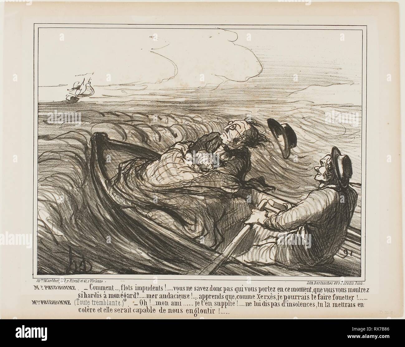 Il sig. Prudhomme: '- Obnoxious onde.... non sai quale si stanno effettuando in questo momento?... Oh audacious... so, come Xerxes, frusta è terribilmente.' Mme Prudhomme: (i brividi di paura) '- pregare, il mio caro amico, non offendere il mare di più ... si potrebbe attivare la sua furia e potrebbe divorare noi completamente!", piastra 1 da impressioni nautiques. Honoré Daumier Victorin; francese, 1808-1879. Data: 1859. Dimensioni: 203 × 266 mm (nell'immagine); 260 × 330 mm (foglio). Litografia in nero su carta velina avorio carta. Provenienza: Francia. Museo: Chicago Art Institute. Foto Stock