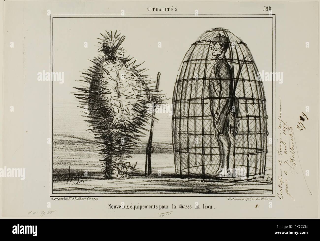 Un nuovo vestito per la parte del leone la caccia, la piastra 395 da Actualités. Honoré Daumier Victorin; francese, 1808-1879. Data: 1857. Dimensioni: 206 × 255 mm (nell'immagine); 245 × 358 mm (foglio). Litografia in nero su carta velina avorio carta. Provenienza: Francia. Museo: Chicago Art Institute. Autore: Honoré-Victorin Daumier. Foto Stock