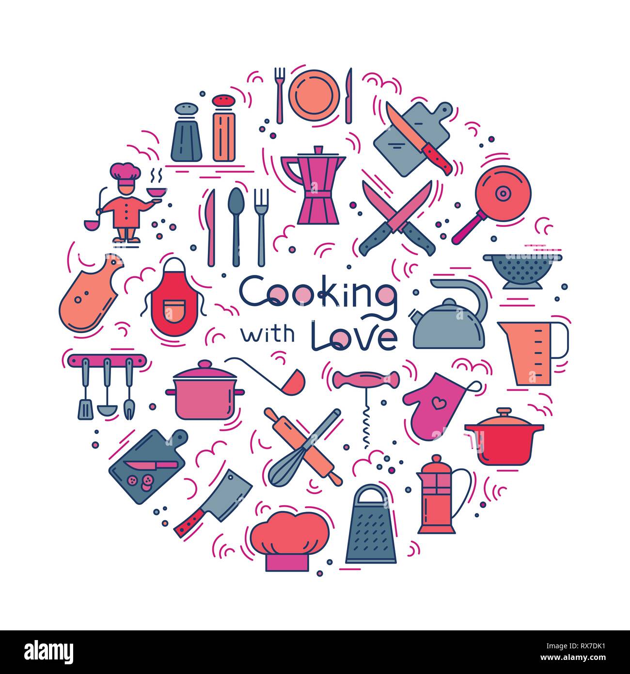 Cucinare con amore sfondo circolare da icone sul tema della cucina e la cottura con caratteri. Sfondo per la decorazione dei menu di Illustrazione Vettoriale