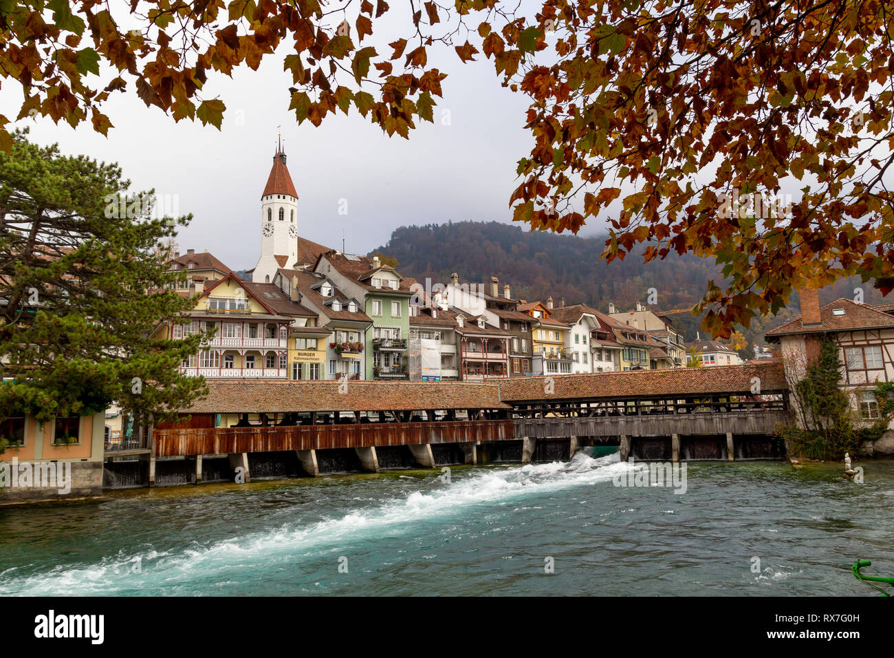 Vista della città di Thun, con antiche e storiche case accanto al fiume Aare Foto Stock